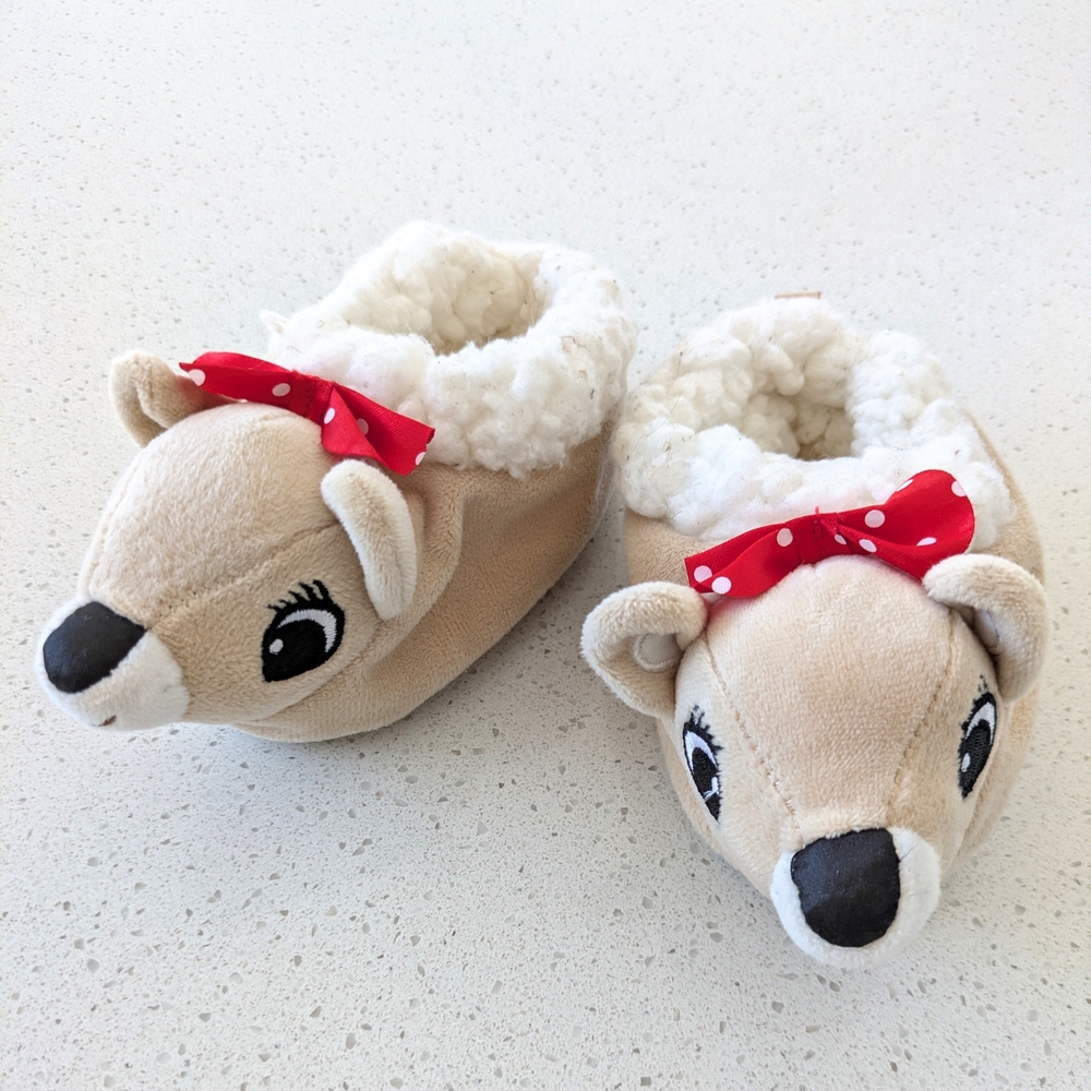 Adorable Rudolph Christmas Holiday Tan Deer Kids Slippers 12-24 Months